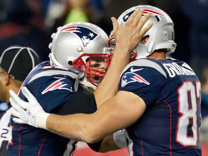 2012: Brady and Gronk quickly develop a habit of hugging it out after touchdowns.