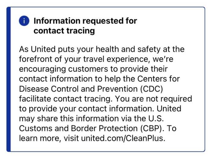 United is also offering contact tracing so customers are asked to provide their contact information; though, the program is optional.