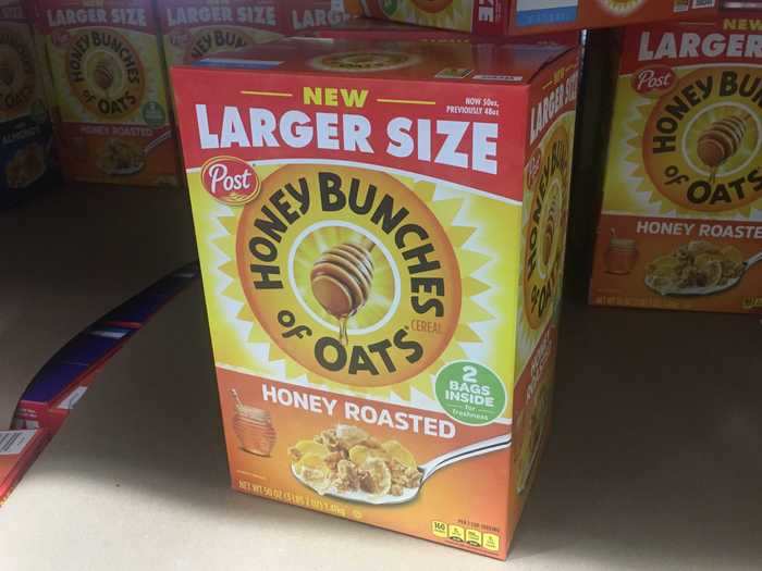 This massive box of Honey Bunches of Oats contains two bags of cereal inside.