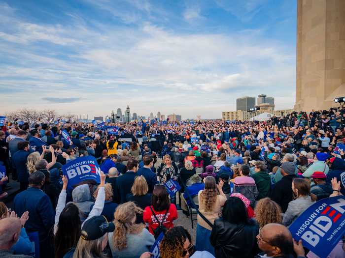 Thousands of people gathered in Kansas City, Missouri, at a campaign rally for Joe Biden on March 7.