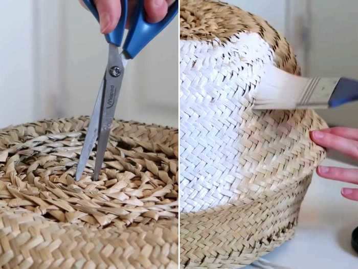 For the hack, you simply cut a hole into the top of the basket and loop the pendant light through.