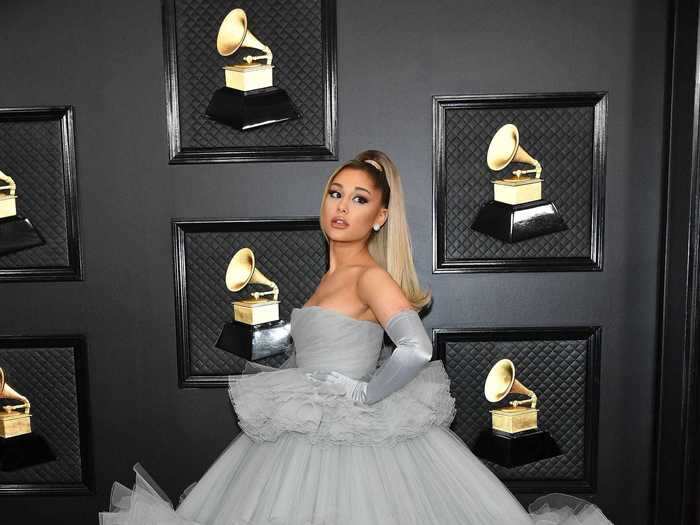 Before the pandemic shut down all red carpets, Ariana Grande wore a bold gray gown at the 2020 Grammys.