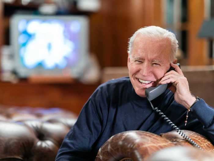 While at the Lake House in Wilmington, Delaware, Biden talks to active service members attending Super Bowl watch parties.