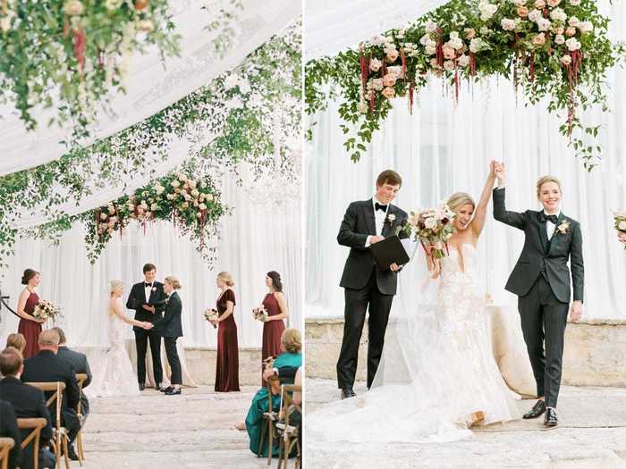 The Throckmortons said their vows under a plethora of flowers.