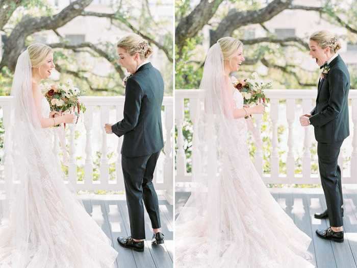 The couple did a first look to show each other their wedding ensembles.