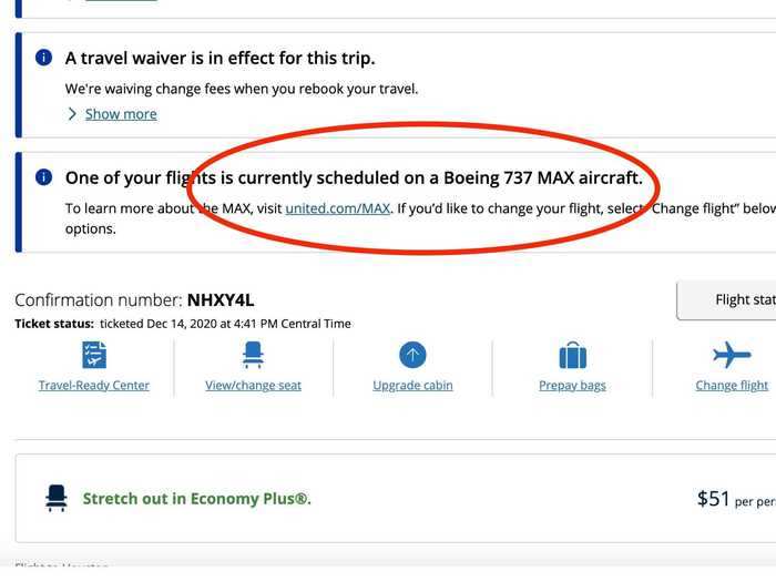 United takes it one step further, however, with that explicit warning that the customer has selected a flight on the Max.