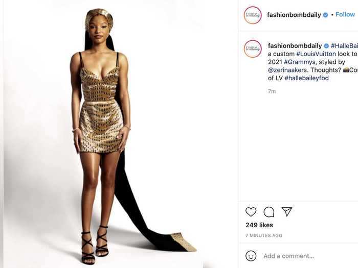 Halle Bailey also wore a custom Louis Vuitton dress, but hers had a gold undertone.