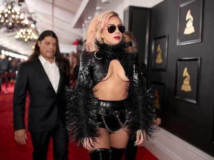 Lady Gaga makes the list for a fourth time with this jaw-dropping 2017 look. This leather ensemble was designed by Alex Ulichny.