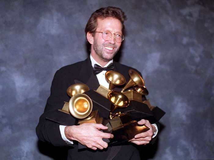 February 1993: Eric Clapton swept up six Grammy awards in his classic black tux, which he tied off with a silk bow tie.