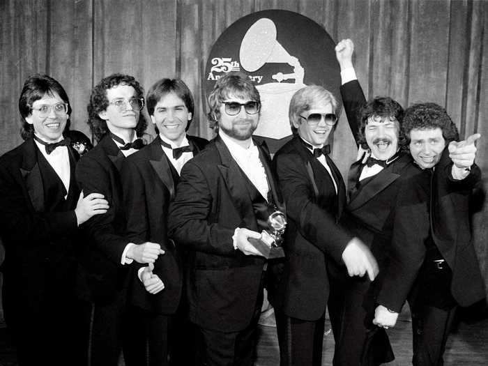 February 1983: Toto celebrated their Grammy wins in classic black-and-white tuxedos with black bow ties.