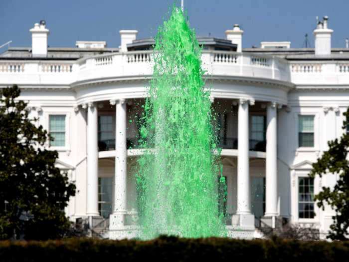 In 2012, the White House fountain on the South Lawn was dyed green for the occasion.