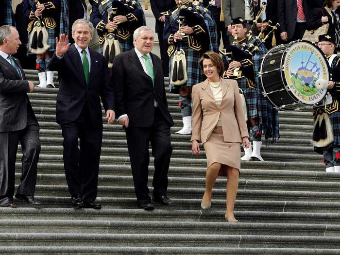 President Bush, Irish Prime Minister Bertie Ahern, and Speaker of the House Nancy Pelosi were serenaded by the United States Air Force Reserve Pipe Band in 2007.