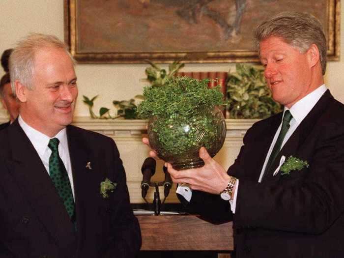 President Bill Clinton received a bowl of shamrocks from Prime Minister John Bruton in 1996.