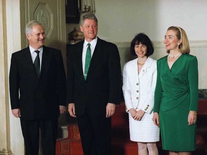 First lady Hillary Rodham Clinton wore a green dress for St. Patrick