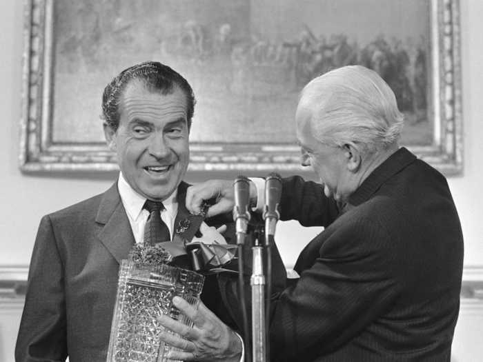 Irish Ambassador William Patrick Fay pinned a cluster of shamrocks to President Richard Nixon