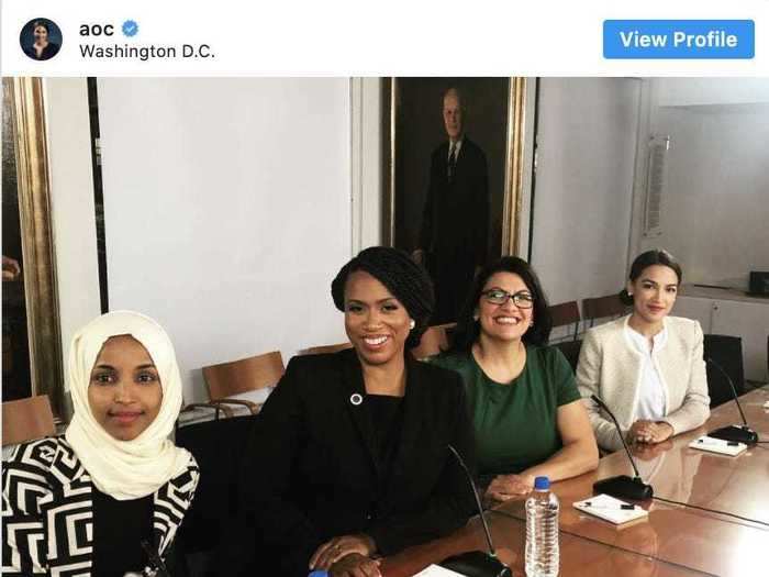 November 12, 2018: Ocasio-Cortez posted a photo with Omar, Pressley, and Tlaib in Washington, DC, simply captioned, "Squad."