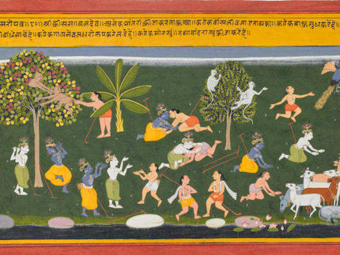 An illustration from a Bhagavata Purana Series: Krishna and Balarama playing with Gopas in the forest