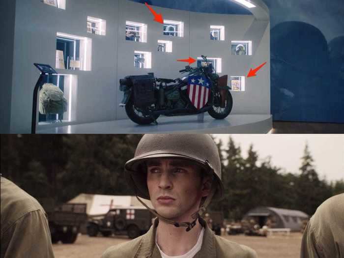 Many of the items featured on the wall behind the motorcycle were nods to the first "Captain America" movie.