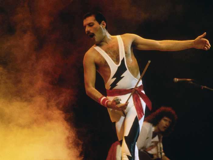 1985: Freddie Mercury strikes a pose on stage.