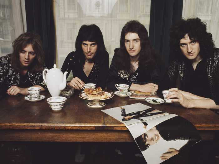 1974: The band enjoys tea time at Freddie Mercury