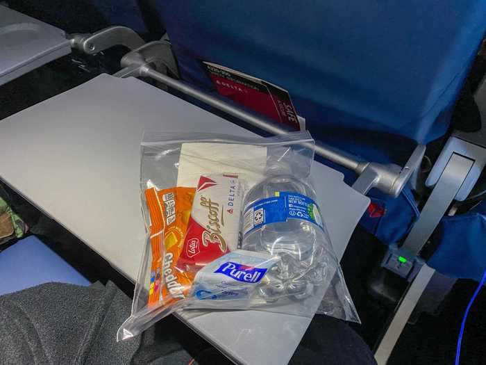 Soon enough, we were airborne, and gloved flight attendants promptly distributed the snack bags that Delta has offered since the beginning of the pandemic.