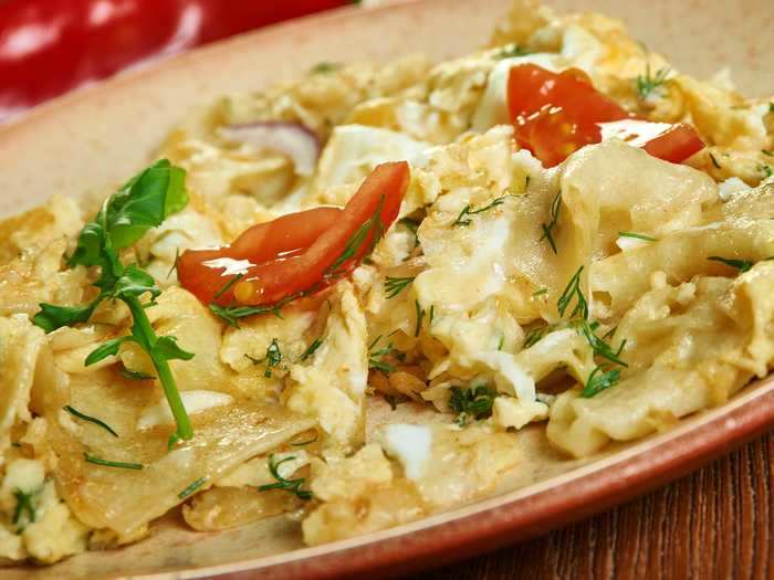 Matzo brei is a Jewish staple that mixes scrambled eggs and French toast.