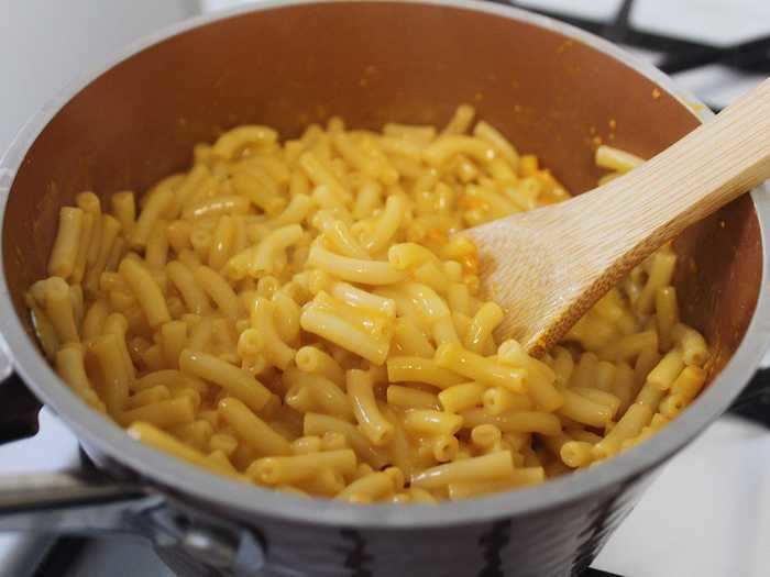 The macaroni and cheese got creamy quickly, perhaps partly due to the 4 tablespoons of butter that the recipe on the box suggested.