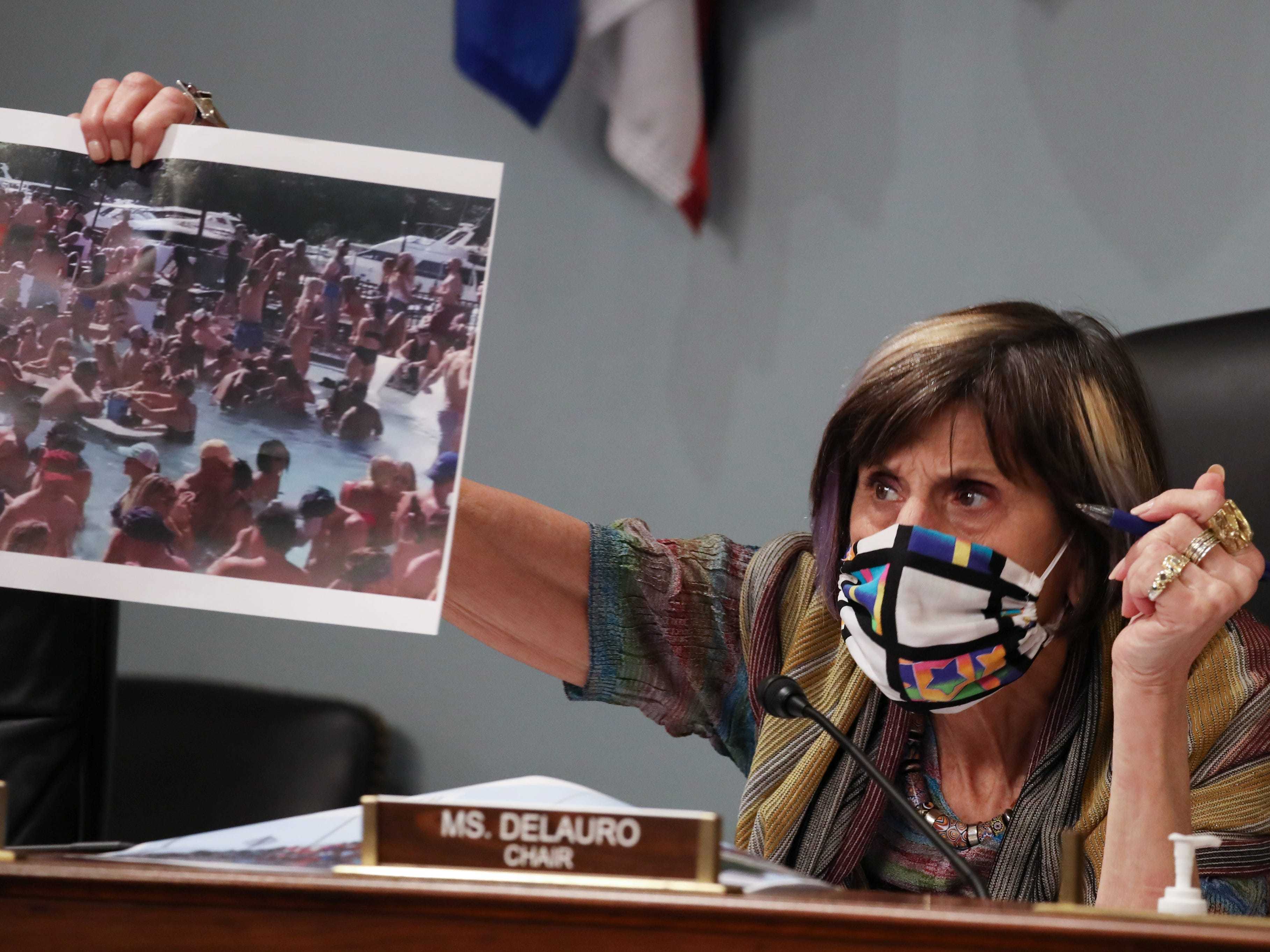 Chairwoman Rosa DeLauro wears a protective mask as she speaks at a hearing on COVID-19 response held by the House subcommittee on Labor, Health and Human Services, Education, and Related Agencies, on Capitol Hill in Washington, D.C., U.S., June 4, 2020. Tasos Katopodis/Pool via REUTERS