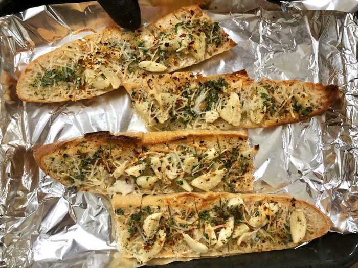 After just six minutes, our "outrageous" garlic bread was ready to go.