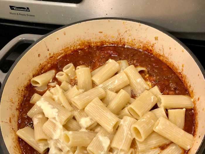 Then we added our mozzarella to the pasta and tossed everything in with the lamb ragù.