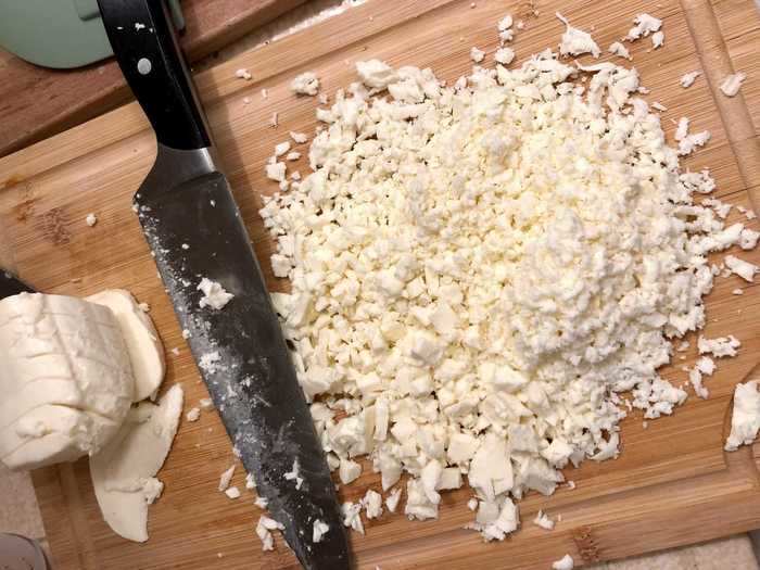 While waiting for the pasta to finish cooking, we prepped the cheese.