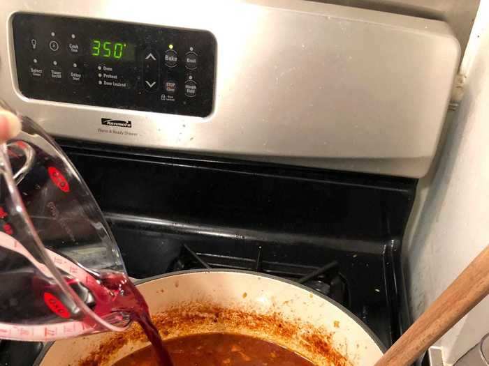 After 40 minutes were up, it was time to add more red wine to the sauce.