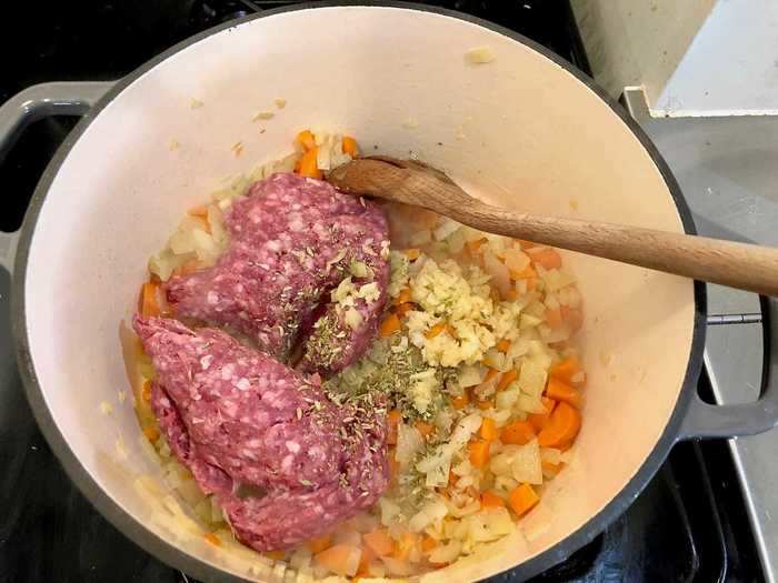 Then we added the lamb, along with the garlic and fennel seeds.