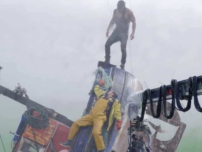 Jason Momoa was really doused with water on set while standing atop a massive prop.