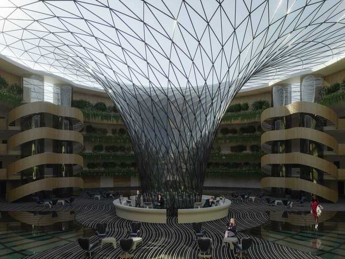 Design plans show that the center of the hotel would be occupied by a 7,500-square-foot lobby with a glass roof.