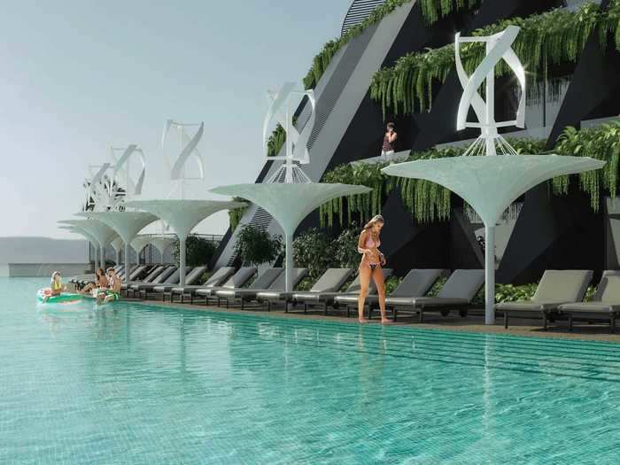 The hotel design also includes 55 vertical wind turbines that would generate electricity and double as sun umbrellas.