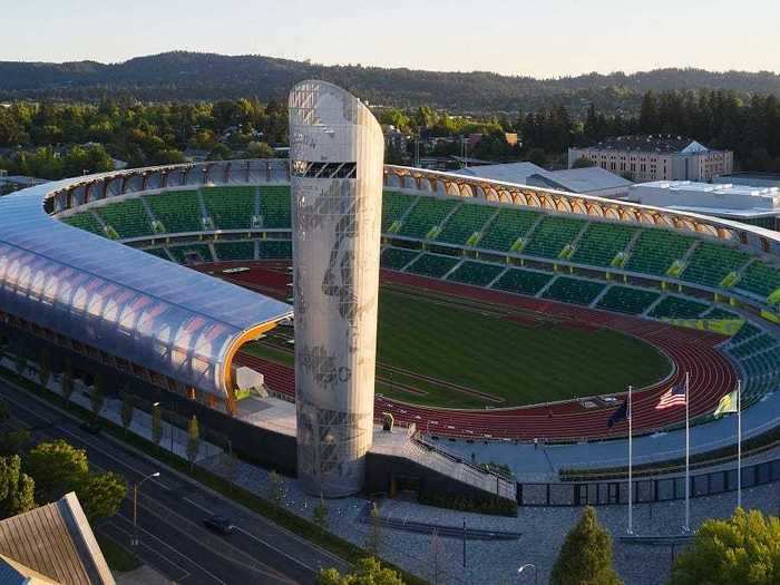 The new 10-story Landmark Tower is modeled after an Olympic torch. It features a lobby filled with interpretive exhibits and multiple levels for viewing with a top-story observation deck.