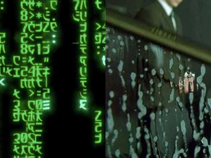 Two moments in the movie seem to use water to imitate the Matrix code pattern.