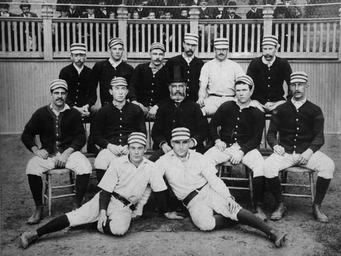 This official team photograph of the Philadelphia Phillies in 1887 shows the team in a basic uniform.