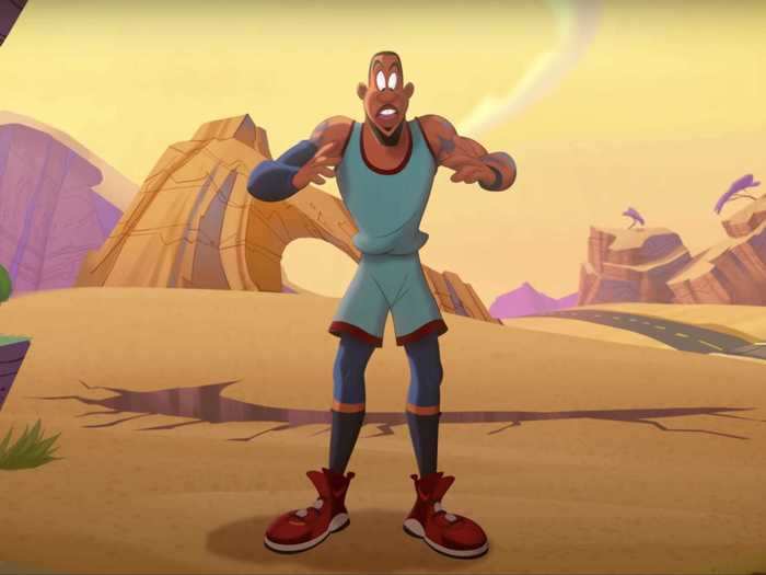 Once he arrives, LeBron morphs into a "Looney Tunes"-style cartoon version of himself.