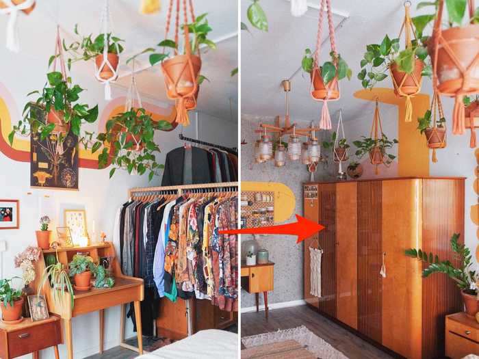 Back in the living room, Grimm thrifted a cupboard to hide his closet clutter, which used to be out in the open.