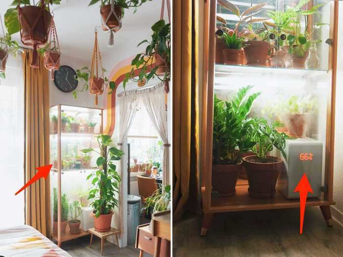 In the bedroom area, Grimm made an indoor greenhouse using a glass cabinet that he bought secondhand.