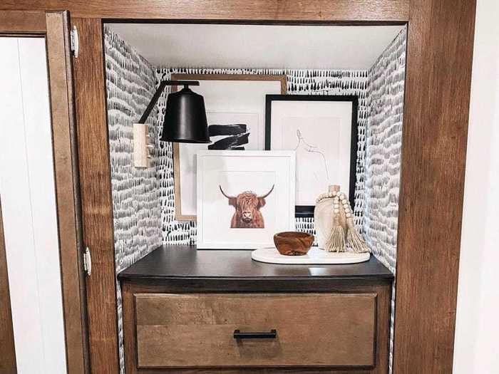 Also in the bedroom, a nook with drawers that used to serve as a catch-all for various things now stores Behrens