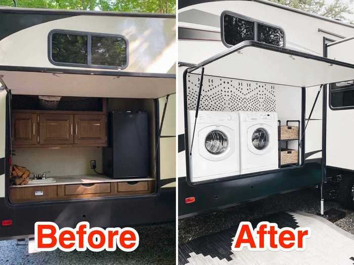 At the back of the rig, Libby converted a small, outdoor kitchen into a laundry room.