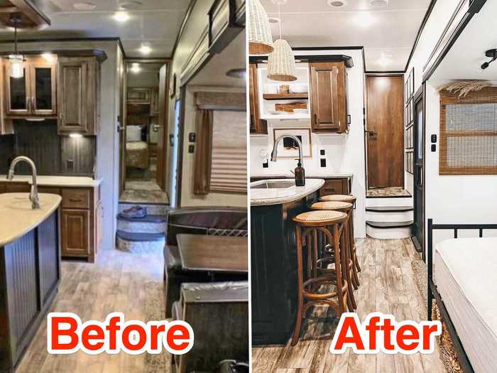 Step down into the kitchen, where Libby added stools to the island and swapped out all the hardware and fixtures that "screamed 