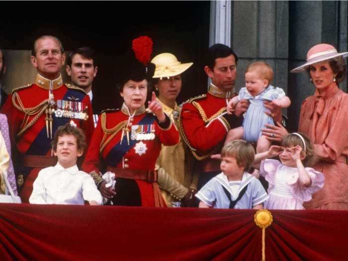 1985: The Queen, Prince Philip, the Prince of Wales, the Princess of Wales, the Princess Royal, Princes William and Harry, and the Earl of Wessex all attended Trooping the Colour.