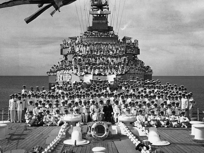 1954: This photo shows the Queen and Duke of Edinburgh during an official visit to the HMAS Australia, flagship of the Australian Navy.