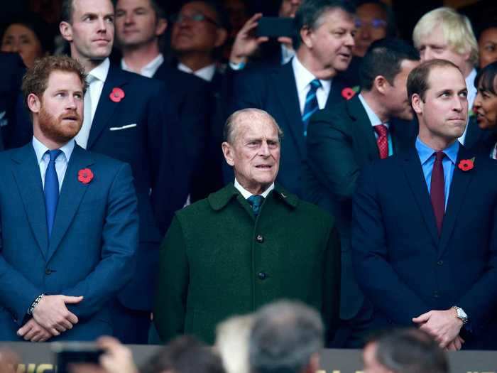 The Duke watched the 2015 Rugby World Cup final with his grandsons, Prince Harry and Prince William.