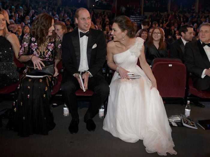 Middleton returned to Alexander McQueen for the 2019 BAFTAs with a one-shoulder white dress.