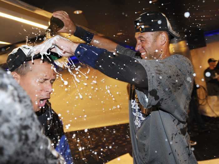 September 2009: Rodriguez and Jeter win their first (and only) World Series together, and celebrate together with their girlfriends.